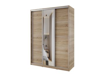 Šatní skříň NEJBY BARNABA 150 cm s posuvnými dveřmi, zrcadlem,4 šuplíky, 2 šatními tyčemi,dub sonoma